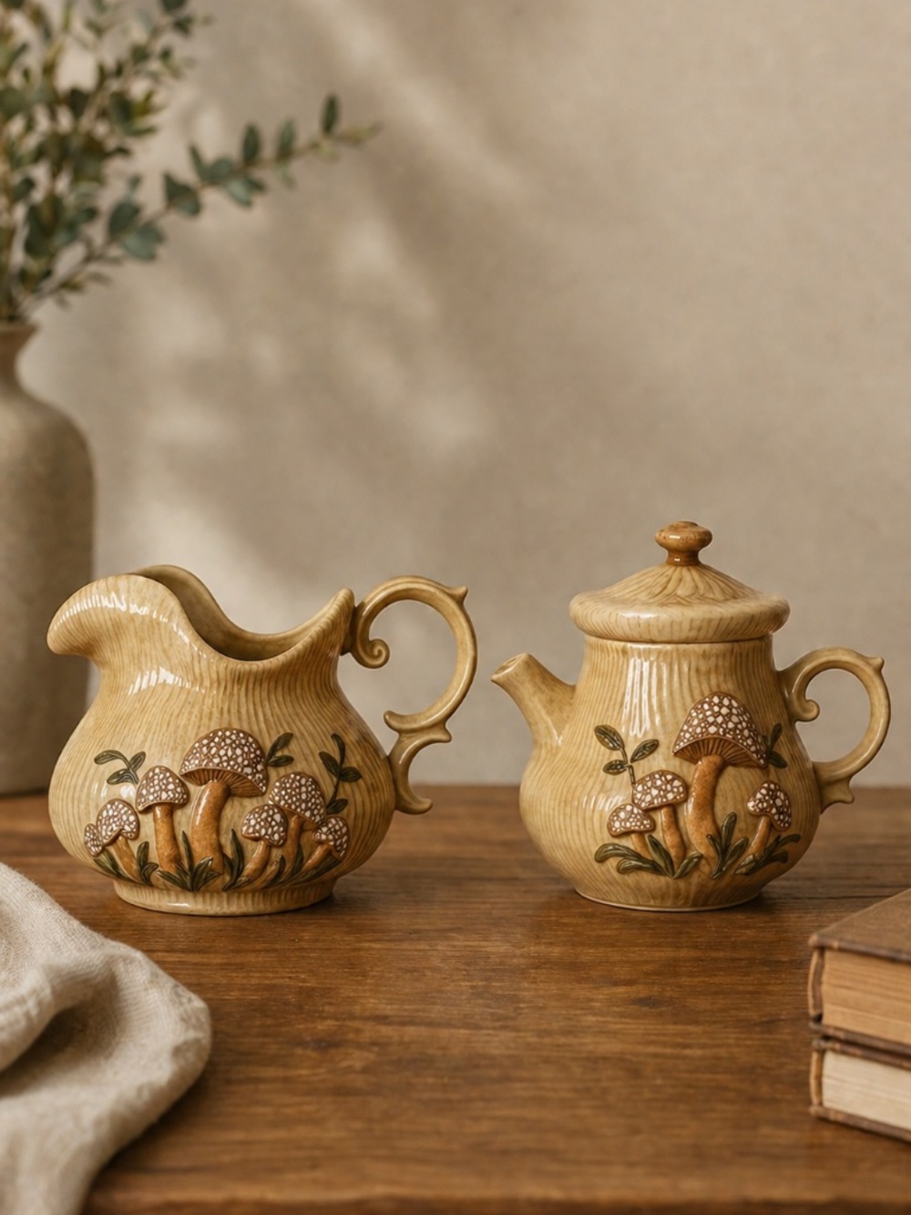Arnel’s Beige‎ Ceramic Mushroom Teapot Pitcher Set 70s Cottagecore 2pc